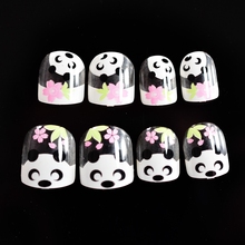 24 Uds niños blanco claro francés falso uñas de bebé Panda bambú Rosa Flores uñas arte funda completa de uña para niñas niños 2024 - compra barato