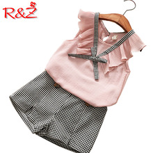 R&Z 2019 Summer New Kids Korean Girls Chiffon Vest Short Sleeve Plaid Hot Pants Set Two Piece Children's Set 2024 - buy cheap