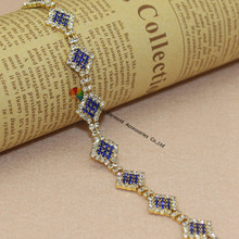 1 Yards Czech crystal Sapphire Royal Blue Rhinestone Diamond Chain Applique Sash Trims Gold Set For DIY Browbands Costume Making 2024 - buy cheap