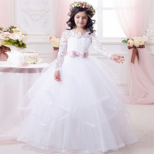 Vestido branco de renda floral para meninas, vestido formal de primeira comunhão com apliques para casamento, manga comprida, vestido de princesa 2024 - compre barato