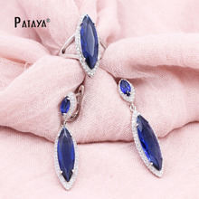 Papaya RU-Conjunto de anillo y pendientes de circón Natural AAA para mujer, color azul oscuro, Ojo de caballo, joyería de oro blanco, conjunto de joyería de lujo para boda 2024 - compra barato