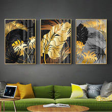 Pintura em tela de folha de ouro preta, plantas nórdicas, arte abstrata para parede, quadros para sala de estar, decoração moderna 2024 - compre barato