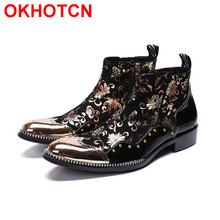 Large Size Metal Toe Business Mens Boots Real Leather Dress Boots Floral Studded Cowboy Western Martin Chelsea Ankle Boots Male 2024 - buy cheap