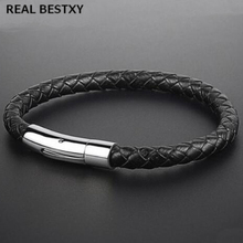 REAL BESTXY Custom Logo  genuine cow leather bracelets with stainless steel clasps for men real leather bracelet 2024 - buy cheap