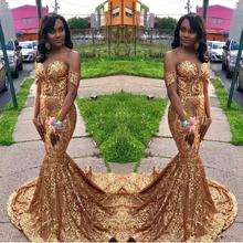 African Gold Sequins Mermaid Prom Dresses 2020 Bestidos De Fiesta Black Girls Women Off he Shoulder Formal Evening Gowns 2024 - buy cheap