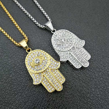 Hip Hop Rhinestones Pave Bling Iced Out Stainless Steel Fatima Hand Pendants Necklace for Men Women Islam Muslim Amulet Jewelry 2024 - buy cheap