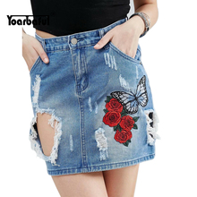 Women 2019 A-Line High Waisted Denim Ripped Hole Skirt Summer Mini Short Embroidery Floral Retro Skirts Blue Colors Streetwear 2024 - buy cheap