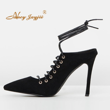 Black Enclosed Pointed Toe Ankle Strap Lace Up Sandals Woman High Stilettos Thin Heels For Ladies Summer Shoes Large Size 12 13 2024 - buy cheap