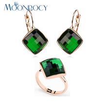 MOONROCY Free Shipping Earring Ring fashion green crystal set rose Gold Color Crystal Jewelry Set for women 2024 - buy cheap
