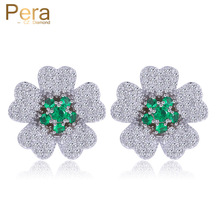 Pera Trendy Korean Style Ladies Costume Jewelry Big Cute Flower Cubic Zirconia Stud Earrings With Green Stone Paved E202 2024 - buy cheap