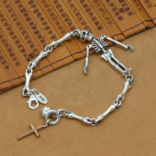 NEW! Thailand 925 Silver Skull Bracelet Vintage Sterling Silver Cross Skull Chain Bracelet Real Silver Skeleton Bracelet 2024 - buy cheap