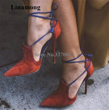 New Design Women Pointed Toe Suede Leather Stiletto Heel Pumps Cut-out Lace-up High Heels Formal Dress Heels Shoes 2024 - buy cheap