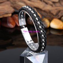 2015 Fashion New Black Genuine Leather Bracelet Gold Chain Stainless Steel Men Jewelry Rock Chunky Leather Men's Bracelets 2024 - buy cheap