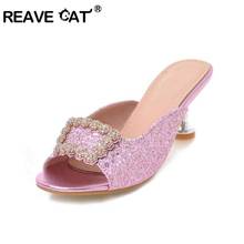 REAVE CAT Women Brand Slippers Special Strange heels Ladies slides Mules Wedding Peep toe Silver Gold Red Bling Big size  A1172 2024 - buy cheap