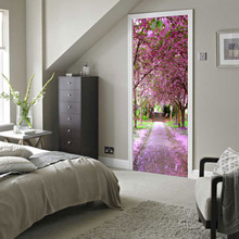 Purple Flowers Tree Road Door Picture  Mural Sickers Door Sticker Wallpaper Decals Home Decoration Oct23001 2024 - buy cheap