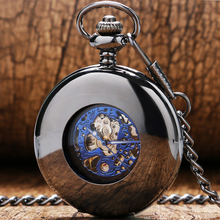 Классические карманные часы в стиле стимпанк, черный гладкий Чехол, полый механический ручной Ветер, королевский синий скелет для мужчин и женщин, подвеска на цепочке 2024 - купить недорого