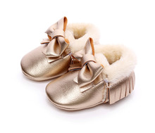 Baby Girl Shoes Toddler Winter Warm Soft Sole PU Infant First Walkers 0-18M Newborn Moccasins Fringe Bow Plush Crib Shoes 2024 - buy cheap