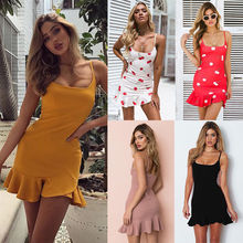 Women Summer Mini Dress Ladies Boho Bodycon Strap Sleeveless Party Club Wear Ruffle Short Mini Sundress 2024 - buy cheap