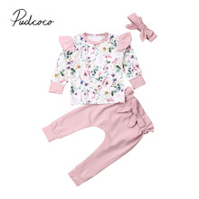 2019 bebê roupas de verão 0-24m da criança roupas da menina do bebê babados manga longa flor topo + babados calças bandana 3 pçs conjunto 2024 - compre barato