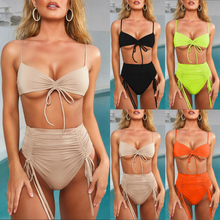 Bikini brasileño de cintura alta para mujer, traje de baño con abertura de Color sólido, Bikini Sexy, conjunto de Bikini 2019 2024 - compra barato