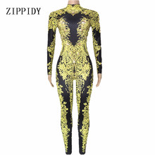 Women Sexy Gold Rhinestones Jumpsuit Performance Outfit Female Singer Leggings Nude Black Big Crystals Costume Dance Bodysuit 2024 - buy cheap