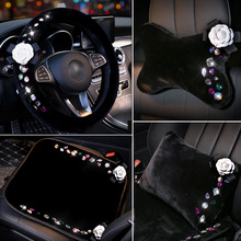 Strass pelúcia capas para volante de carro, diamante cristal, flor de camélia, suporte de cintura, encosto para assento de carro, almofadas 2024 - compre barato