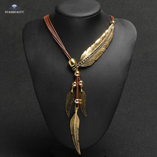 Starbeauty Brown Leather Necklace Big Feather Statement Pendant Necklace Vintage Maxi Necklaces for Women Jewelry Accessories 2024 - buy cheap