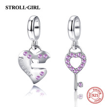 Cuentas de plata de ley 925 con cerradura de amor y llave de corazón para mujer, con zirconia cúbica rosa, pulsera europea, regalo para mujer 2024 - compra barato