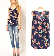 2015 Summer Girls' Women's Butterfly Print Tank Cute Top Vest Chiffon Blouse Sleeveless k032 2024 - buy cheap