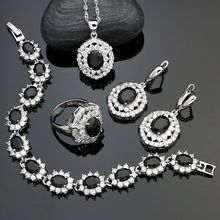 Conjuntos de joyería Punk de Plata de Ley 925 para mujer, pendientes/colgante/Collar/anillo/pulsera de cristal blanco con piedra negra decorada 2024 - compra barato