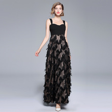 Runway Designer 2021 Summer Women Sleeveless Feathers Patchwork Evening Party Long Dress Elegant Love Tassel Maxi Dress 2024 - buy cheap