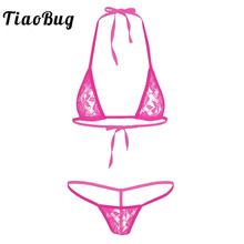 TiaoBug Women Floral Lace Sexy Lingerie Set See Through Sheer Halter Mini Bikini Transparent Bra with G-String Panties Underwear 2024 - купить недорого