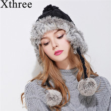 Xthree ear flaps winter bomber hat for women rabbit fur knitting hat girl warm solid color cap cozy bonnet caps 2024 - buy cheap