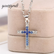 Fashion Nice Blue Rhinestone Cross Pendant Leather Long Necklaces Chain for Women Men Hip Hop Jewelry Collares Cheap Wholesale 2024 - buy cheap