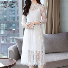 Moda feminina vestidos 2021 primavera senhoras elegante vestido a linha sólida império completo vestido de renda vestido branco feminino completo 2925 50 2024 - compre barato