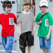 VIMIKID-Conjunto de ropa para niños, camiseta de manga corta, pantalones, Top de algodón a rayas con letras, traje de Jeans, ropa de Boutique, 2019 2024 - compra barato