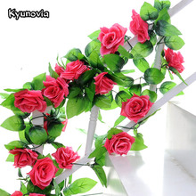 Kyunovia-Flor rosa de seda con hojas de hiedra para el hogar, guirnalda colgante, cadena de flores artificiales decorativas para boda, 2,4 M, H11 2024 - compra barato