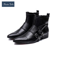 Christia Bella Autumn Solid Buckle Strap Men Shoes Genuine Leather Boots Fashion Pointed Toe Boots Big Size Zipper Ankle Boots 2024 - buy cheap