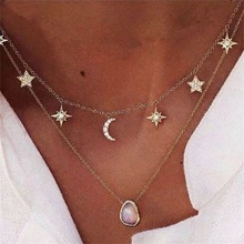 2 Pcs/Set  Exquisite Anise Stars Moon Moon Drop Crystal Pendant Multilayer Gold Necklace Lady Charm Jewelry  Women Necklace Set 2024 - buy cheap