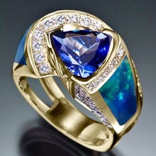 Роскошное кольцо с синим кристаллом из циркония, мужское и женское свадебное ювелирное изделие из желтого золота, большие обручальные кольца обещания для мужчин и женщин 2024 - купить недорого