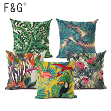 Capa de almofada com plantas tropicais, fronha decorativa de linho com impressão de pássaros, almofadas para carro, sofá 2024 - compre barato