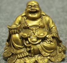 Budismo chinês Bronze Wealth Coin YuanBao Riso Feliz Estátua de Buda Maitreya 2024 - compre barato