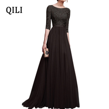 Vestido de noite feminino qili, elegante, de renda, com decote redondo, meia manga fit e flare, maxi dress, vestido de festa para noite 2024 - compre barato