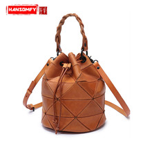 Genuine Leather Women Bag Vegetable Suede Stitching Bucket Bag Retro Female Handmade Leather Handbags Small Messenger Bag 2024 - buy cheap