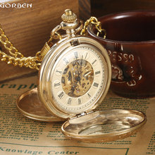 GORBEN-esqueleto de números romanos Steampunk, reloj de bolsillo dorado con cadena, 2 lados, funda abierta, marca de lujo, Reloj de bolsillo mecánico 2024 - compra barato