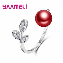 Nova marca de luxo das mulheres 925 anéis de prata esterlina forma da folha ajustável com pérolas vermelhas anel de dedo feminino 2024 - compre barato