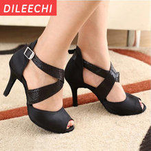 DILEECHI Black Satin Latin dance shoes adult soft outsole Ballroom dancing shoes High heels 8.5cm sandals for women 2024 - buy cheap