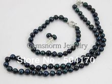 Cultured Black Freshwater Pearl Jewelry Set Wholesale 3 Sets/lot Shinny 7-8MM Pearl Beads Necklace Set Best Selling FP255 2024 - buy cheap