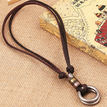 Vintage PU Leather Necklace For Men Double Circle Round Pendant Brown Chain Male Fashion Adjustable Party Charm Rope Jewelry 2024 - buy cheap