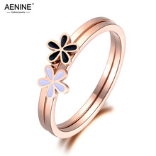 AENINE Trendy White/Black Double Flowers Ring Jewelry For Women Girl Rose Gold Stainless Steel Anniversary Rings Anneaux AR19009 2024 - buy cheap